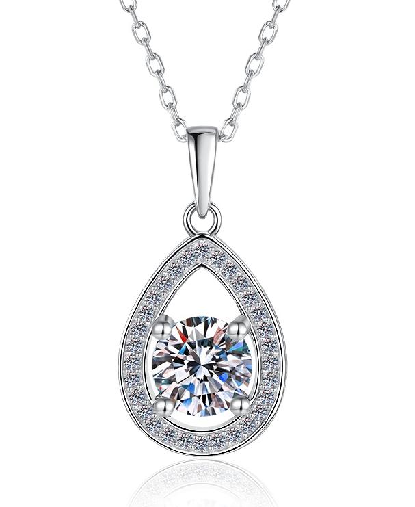 Classic Teardrop Halo Sterling Silver Moissanite Pendant, Silver-tone