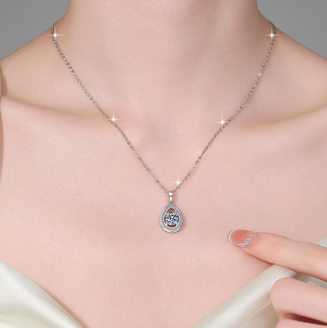 Classic Teardrop Halo Sterling Silver Moissanite Pendant, Silver-tone