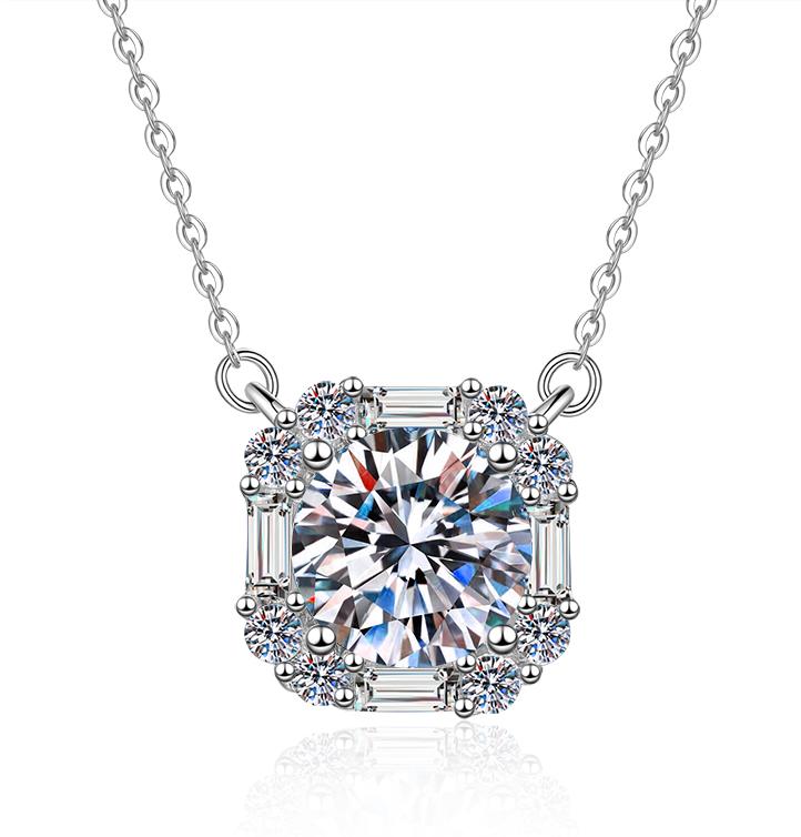 Cushion Floral Halo Sterling Silver Moissanite Pendant, Silver-tone