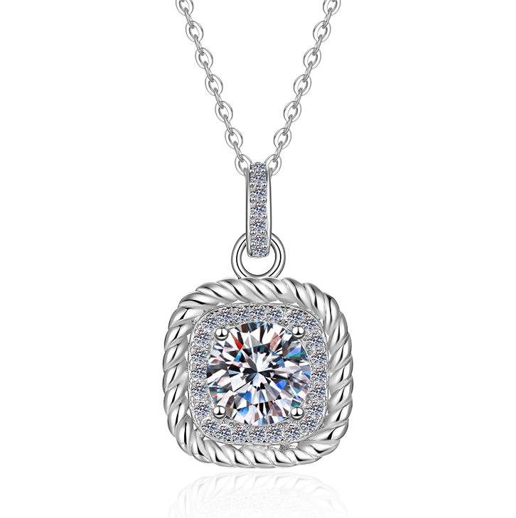 Rounded Square Pavé Halo Sterling Silver Moissanite Pendant, Silver-tone