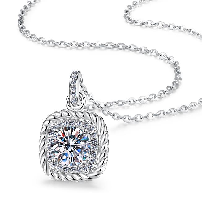 Rounded Square Pavé Halo Sterling Silver Moissanite Pendant, Silver-tone