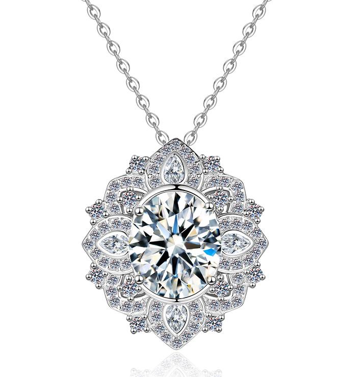Ornate Floral Halo Sterling Silver Moissanite Pendant, Silver-tone, Oval cut