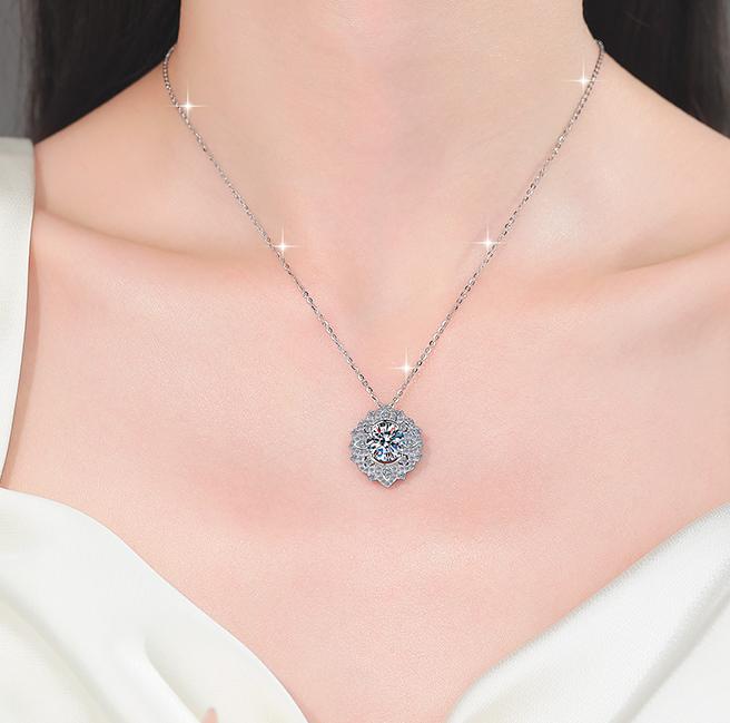Ornate Floral Halo Sterling Silver Moissanite Pendant, Silver-tone, Oval cut
