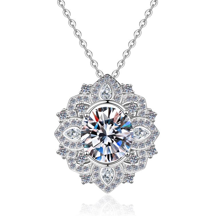 Ornate Floral Halo Sterling Silver Moissanite Pendant, Silver-tone, Round cut