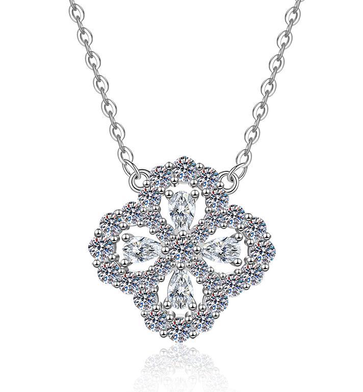 Openwork Clover Sterling Silver Moissanite Pendant, Silver-tone