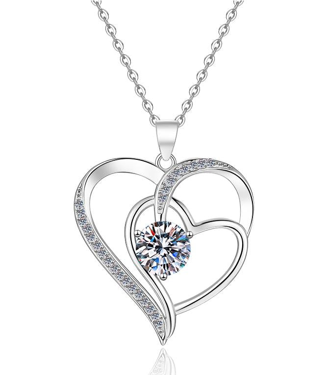 Double Open Heart Sterling Silver Moissanite Pendant, Silver-tone