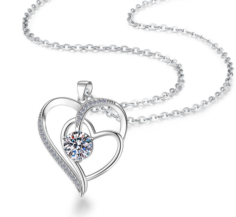 Double Open Heart Sterling Silver Moissanite Pendant, Silver-tone