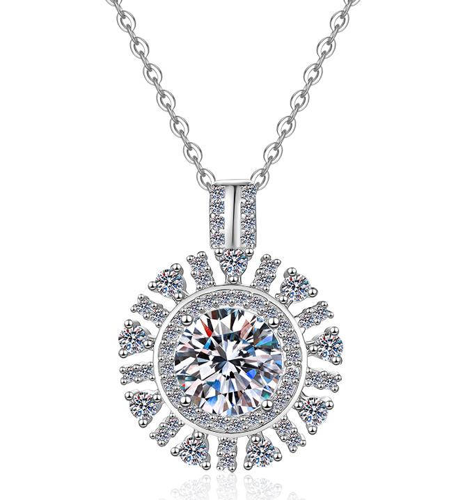 Radiating Round Halo Sterling Silver Moissanite Pendant, Silver-tone