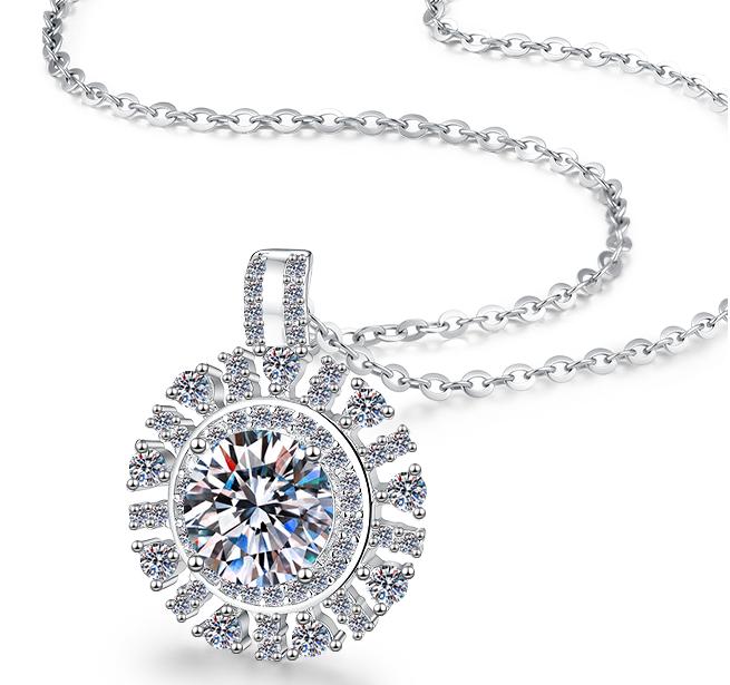Radiating Round Halo Sterling Silver Moissanite Pendant, Silver-tone