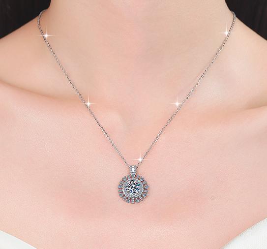 Radiating Round Halo Sterling Silver Moissanite Pendant, Silver-tone