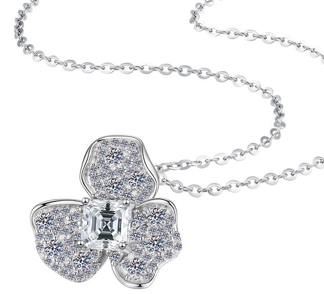 Four-Leaf Asscher Sterling Silver Moissanite Pendant, Silver-tone