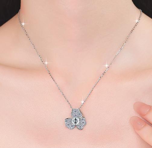 Four-Leaf Asscher Sterling Silver Moissanite Pendant, Silver-tone