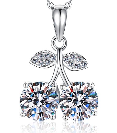 Twin Cherry Sterling Silver Moissanite Pendant, Silver-tone