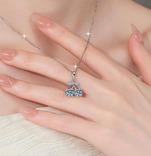 Twin Cherry Sterling Silver Moissanite Pendant, Silver-tone