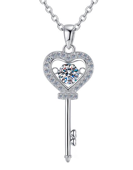 Heart Key Sterling Silver Moissanite Pendant, Silver-tone