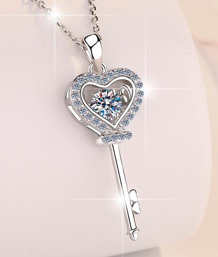 Heart Key Sterling Silver Moissanite Pendant, Silver-tone