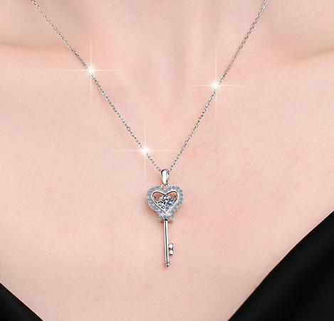 Heart Key Sterling Silver Moissanite Pendant, Silver-tone