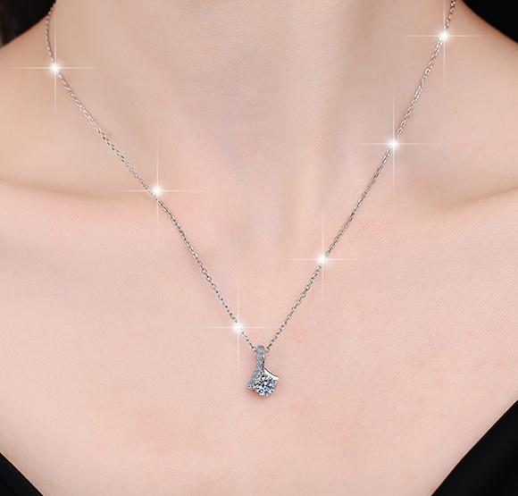Geometric Pavé Drop Sterling Silver Moissanite Pendant, Silver-tone