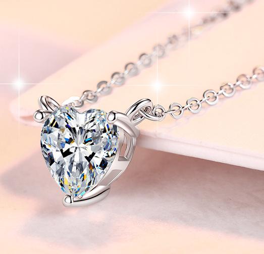 Heart-Cut Station Sterling Silver Moissanite Pendant, Silver-tone