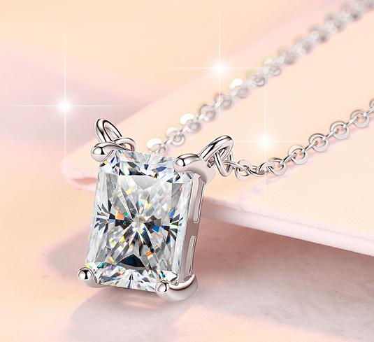 Vertical Rectangular Station Sterling Silver Moissanite Pendant, Silver-tone, Radiant cut