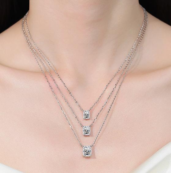 Vertical Rectangular Station Sterling Silver Moissanite Pendant, Silver-tone, Radiant cut