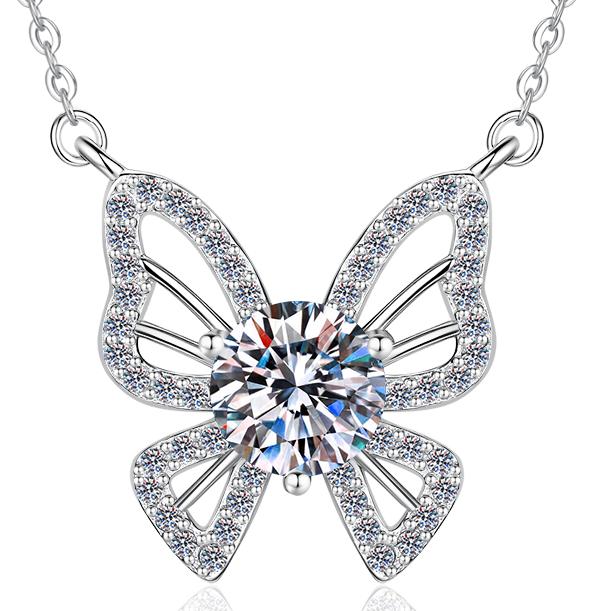 Open Butterfly Sterling Silver Moissanite Pendant, Silver-tone