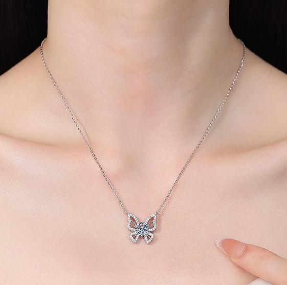 Open Butterfly Sterling Silver Moissanite Pendant, Silver-tone