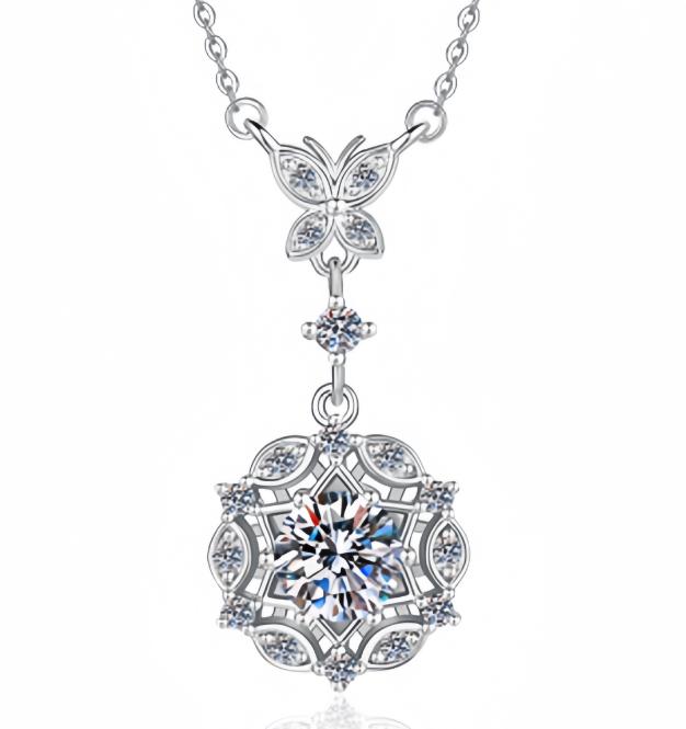 Ornate Floral Drop Sterling Silver Moissanite Pendant, Silver-tone
