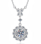 Ornate Floral Drop Sterling Silver Moissanite Pendant, Silver-tone