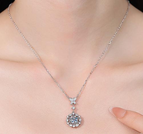 Ornate Floral Drop Sterling Silver Moissanite Pendant, Silver-tone