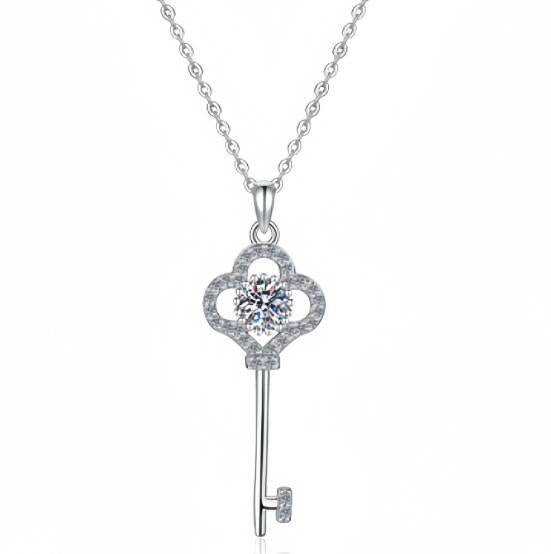 Floral Key Drop Sterling Silver Moissanite Pendant, Silver-tone