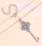 Floral Key Drop Sterling Silver Moissanite Pendant, Silver-tone