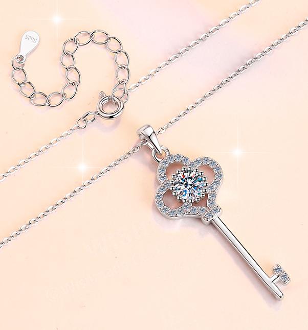 Floral Key Drop Sterling Silver Moissanite Pendant, Silver-tone