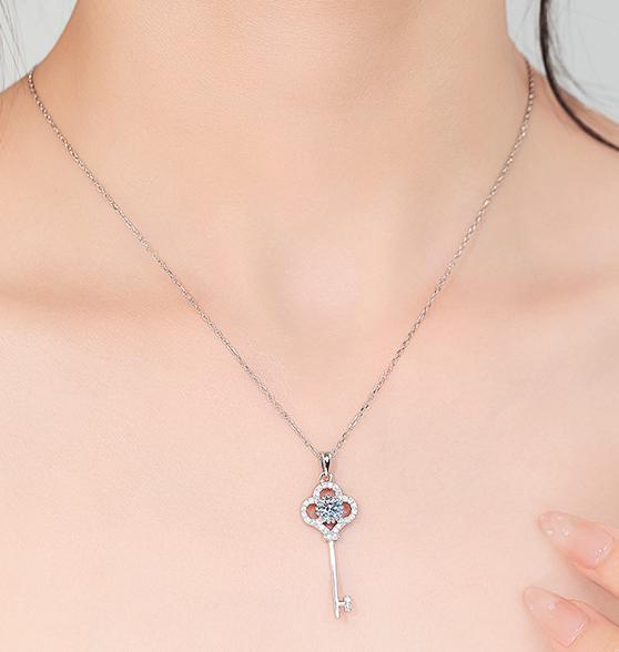 Floral Key Drop Sterling Silver Moissanite Pendant, Silver-tone