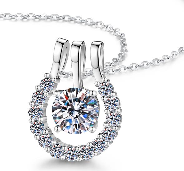 Horseshoe Solitaire Sterling Silver Moissanite Pendant, Silver-tone