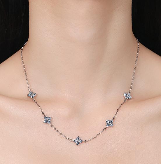 Petite Bead Station Necklace Sterling Silver Moissanite Necklace, Silver-tone