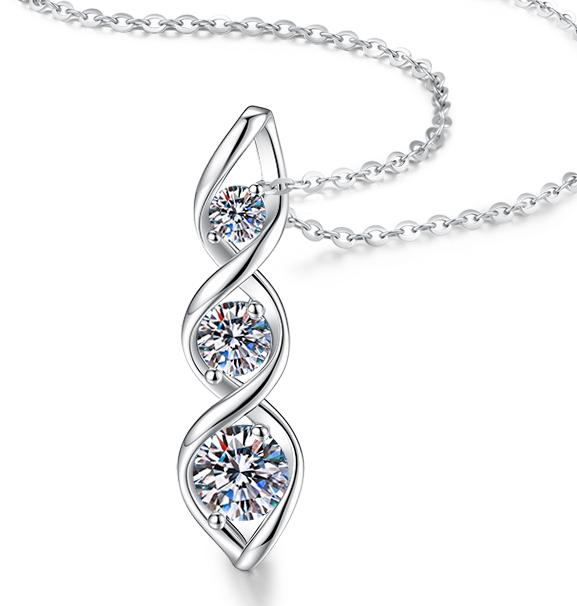 Three-Stone Ribbon Sterling Silver Moissanite Pendant, Silver-tone