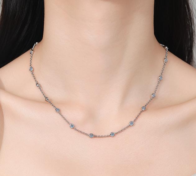 Bead and Stone Station Necklace Sterling Silver Moissanite Necklace, Silver-tone
