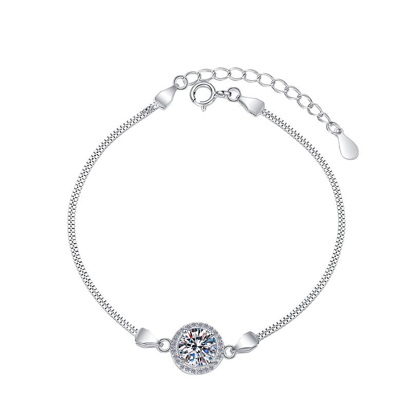 Sterling silver moissanite round halo chain bracelet, front view