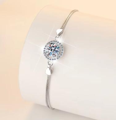 Sterling silver moissanite round halo chain bracelet, detail 2