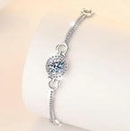 Sterling Silver Moissanite Round Halo Bar Link Bracelet, detail view 1