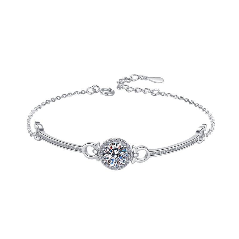 Sterling Silver Moissanite Round Halo Bar Link Bracelet, front view
