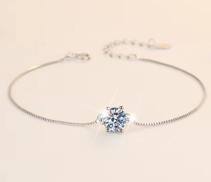 Sterling Silver Moissanite Round Solitaire Flower Setting Bracelet, detail view 1