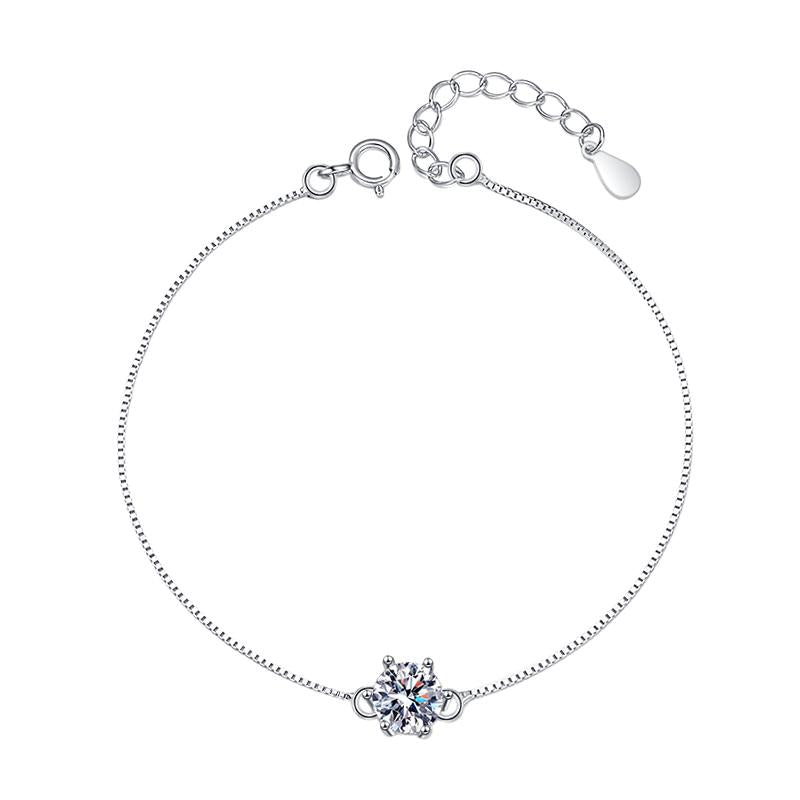 Sterling Silver Moissanite Round Solitaire Flower Setting Bracelet, front view