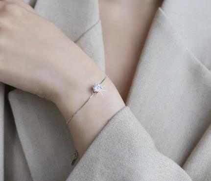 Sterling Silver Moissanite Round Solitaire Flower Setting Bracelet, detail view 3