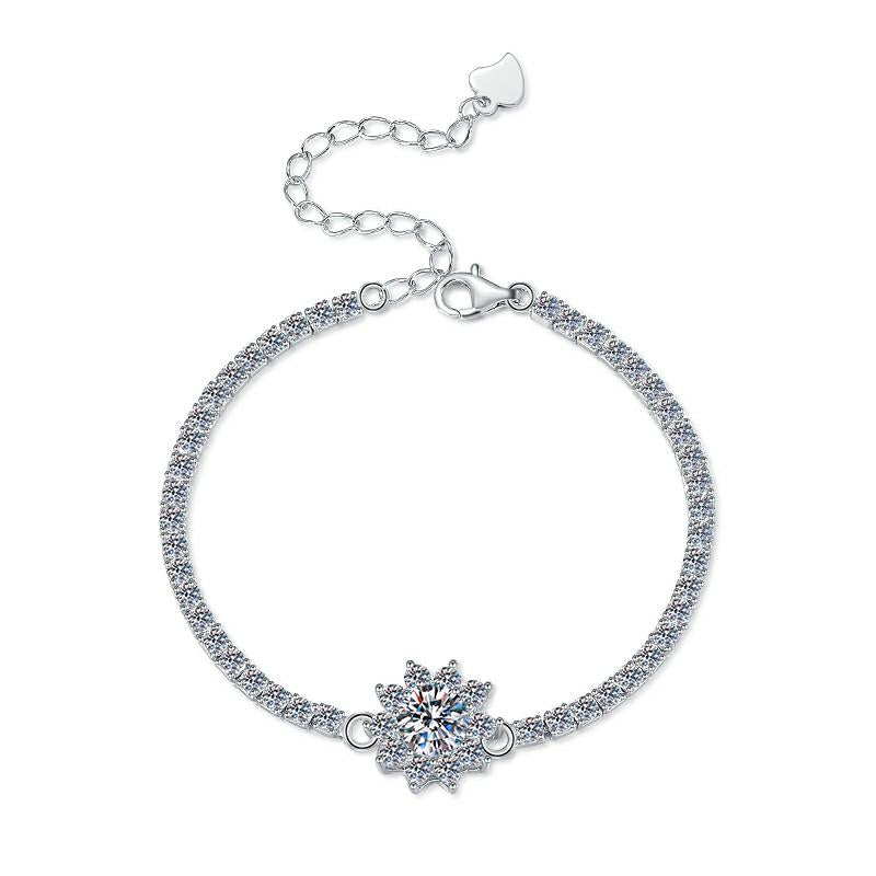 Sterling Silver Moissanite Flower Halo Pavé Chain Bracelet, front view