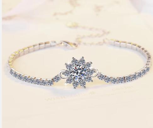 Sterling Silver Moissanite Flower Halo Pavé Chain Bracelet, detail view 1
