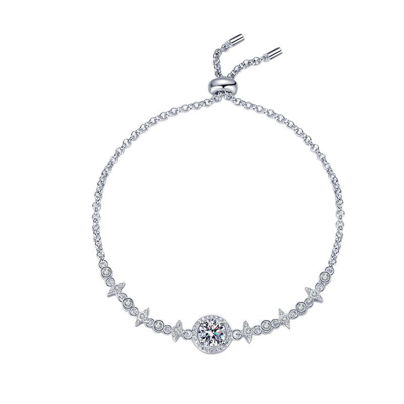 Sterling Silver Moissanite Round Solitaire Pavé Chain Bracelet, front view