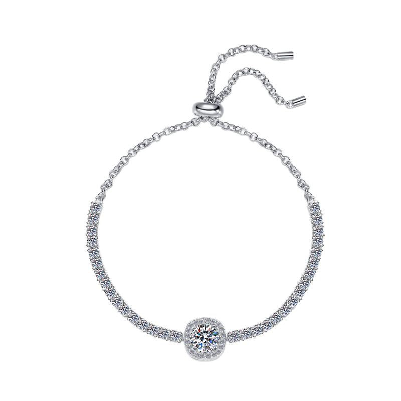 Sterling Silver Moissanite Round Bezel Chain Bracelet, front view