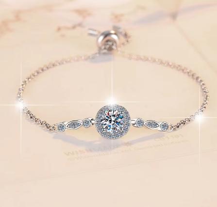 925 Sterling Silver Moissanite Round Halo Slider Bracelet